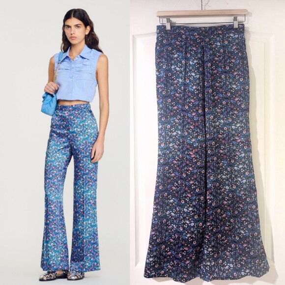 Sandro | Donelo Satin Floral Print Flare Pants In Purple/Blue - Picture 1 of 16